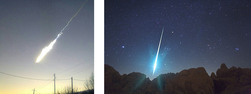 LEFT: 2013 Russian meteor, by Сергей Устюжанин (@ustyuzhanin) | RIGHT: 2009 Gemenid Meteor over Mojave Desert, by Wally Pacholka