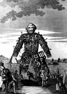 An illustration of Julius Caesar's claim of human sacrifice via wicker man